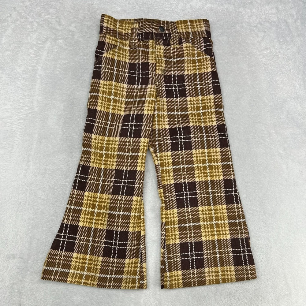 Vintage Youth Kids Flare Pants Brown Cream Plaid Classic Pockets Zip Fly - 21X17
